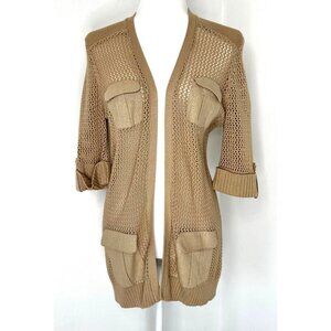 Jaclyn Smith Women Open Knit Open Front Cuff 3/4 Sleeve Cardigan Size Small Tan
